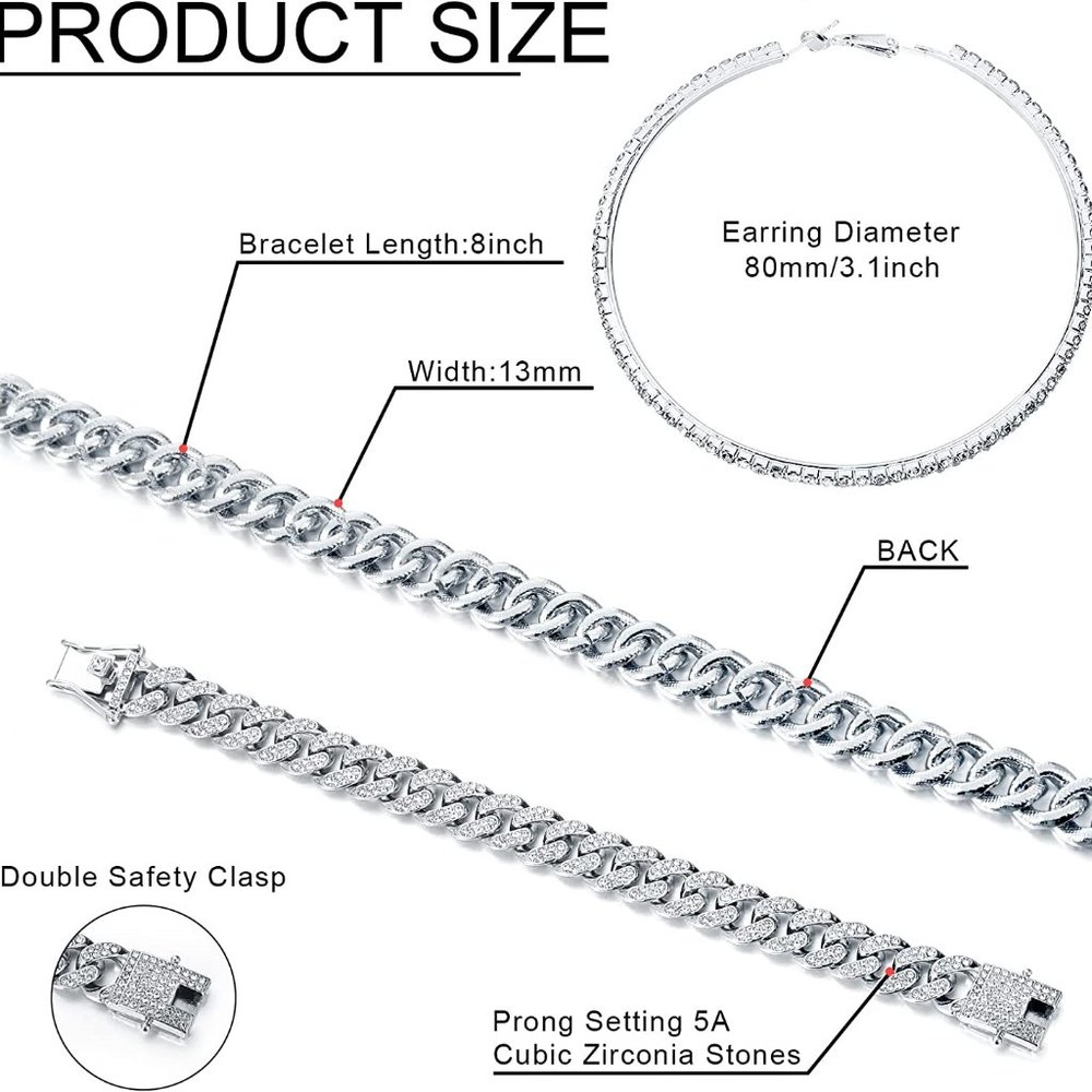 New Cuban Link Chain Necklace Bracelet Rhinestone Hoop Earrings Set - Picture 5 of 8